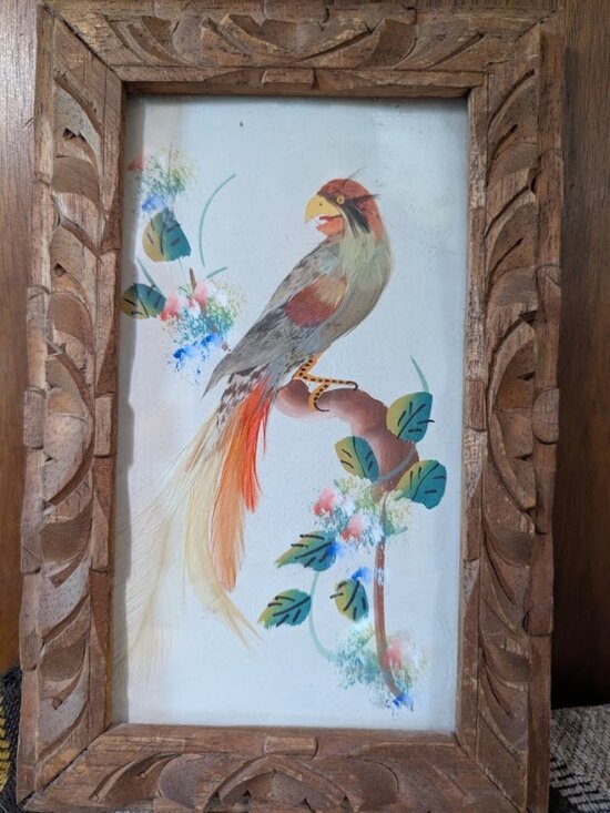 Vintage Bird Painting with Feather Embellishment - Picture 2 of 7
